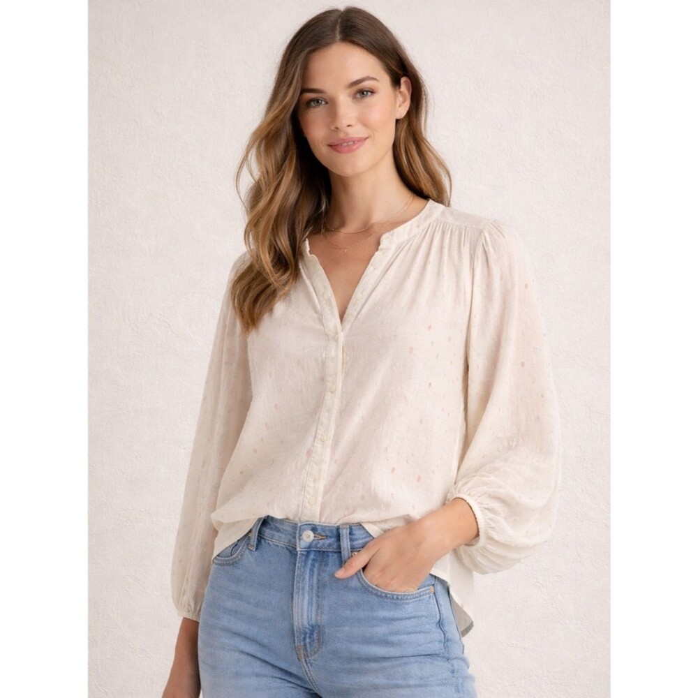 Sanctuary Cream Embroidered Blouse Balloon Sleeve Boho Peasant Top Size S